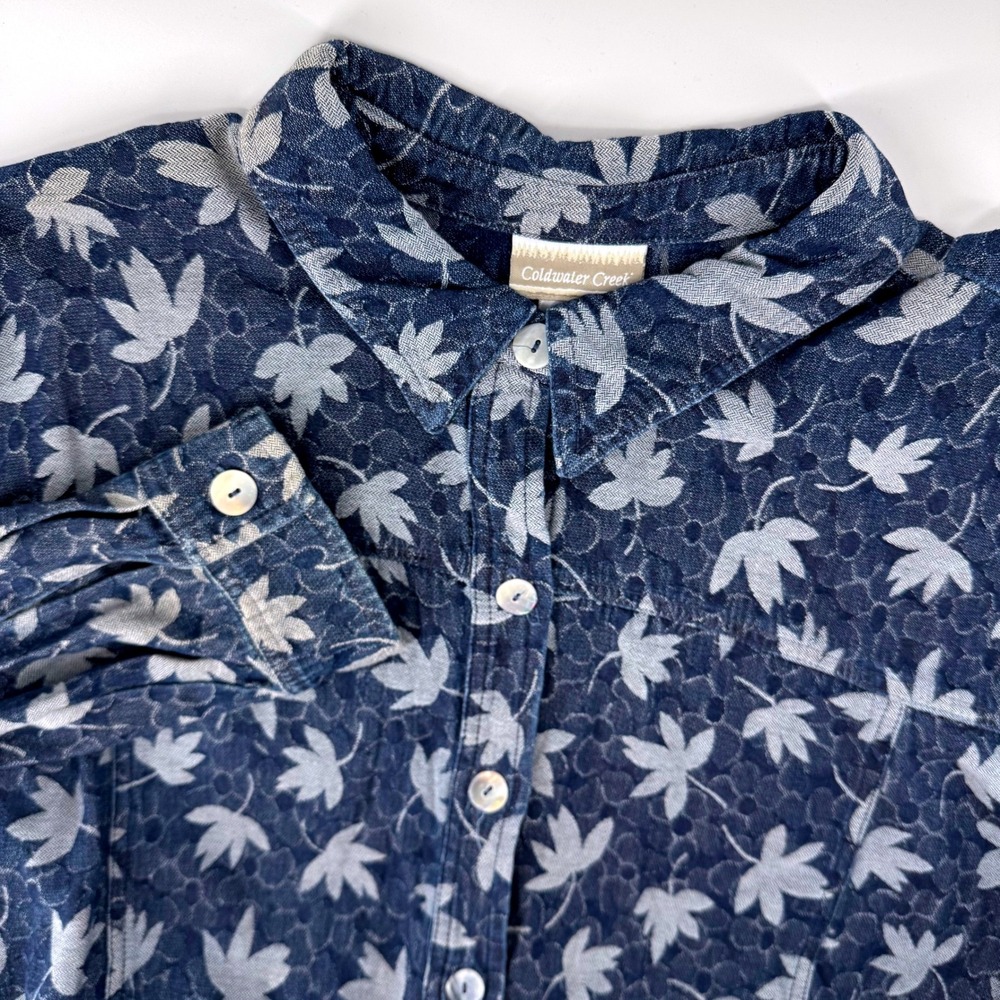 Coldwater Creek Button Down Denim Shirt Jacket 3X Blue Leaf Matelasse Cotton